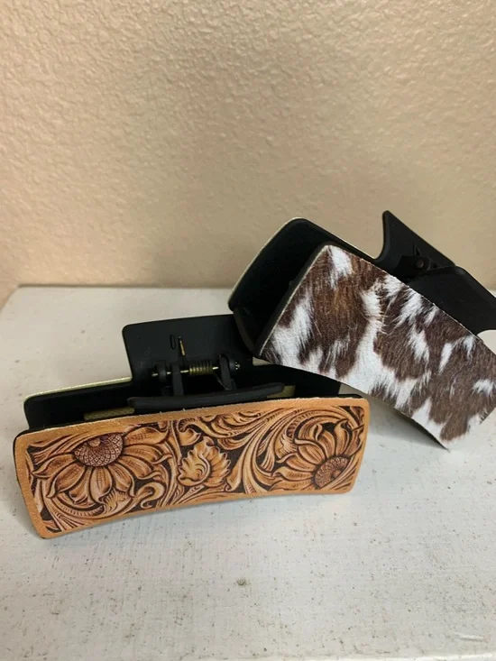 WESTERN Faux Cow Print and Floral Pattern Hair Claws Set of Two - Picture 2 of 4